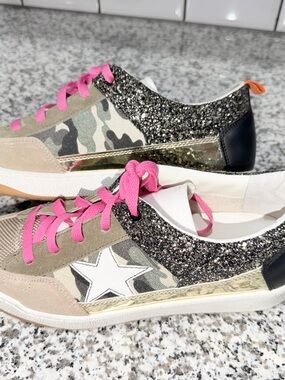 Steve Madden Camo Glitter Low-Top Sneakers with Pink Laces